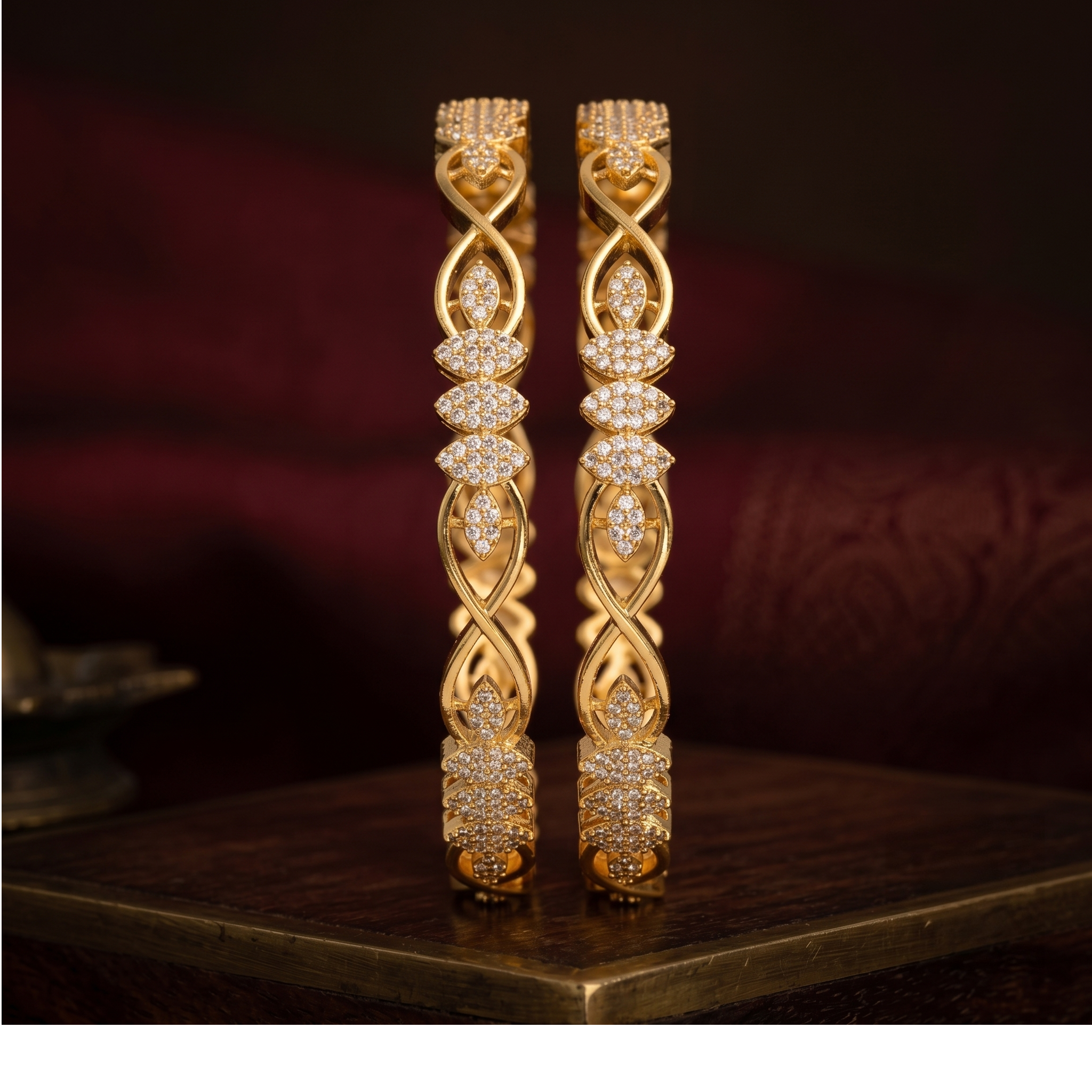 Gold Plated Infinity Motif with Clusters of American Diamond Bangles alternate angle - Avalna